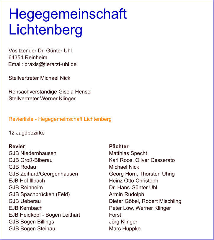 Hegegemeinschaft Lichtenberg  Vositzender Dr. Günter Uhl 64354 Reinheim   Stellvertreter Michael Nick  Rehsachverständige Gisela HenselStellvertreter Werner Klinger   Revierliste - Hegegemeinschaft Lichtenberg  12 Jagdbezirke  Revier 								Pächter GJB Niedernhausen 					Matthias SpechtGJB Groß-Biberau 					Karl Roos, Oliver Cesserato GJB Rodau 							Michael Nick GJB Zeihard/Georgenhausen 			Georg Horn, Thorsten Uhrig EJB Hof Illbach 						Heinz Otto Christoph GJB Reinheim 						Dr. Hans-Günter Uhl GJB Spachbrücken (Feld) 				Armin Rudolph GJB Ueberau 						Dieter Göbel, Robert Mischling  EJB Kernbach 						Peter Löw, Werner Klinger EJB Heidkopf - Bogen Leithart			Forst GJB Bogen Billings					Jörg Klinger GJB Bogen Steinau					Marc Huppke
